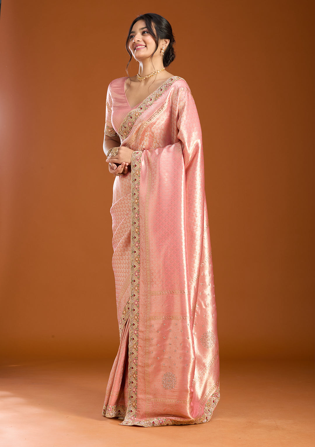 Peach Banarasi Art Silk Saree With Matching Blouse Piece