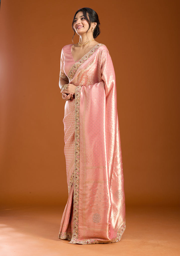 Peach Banarasi Art Silk Saree With Matching Blouse Piece