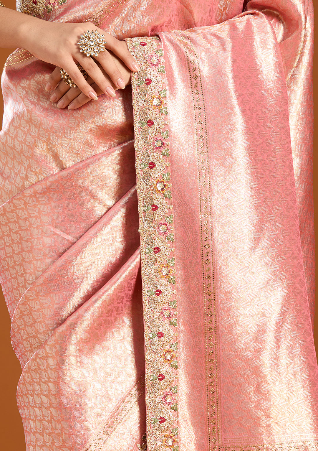 Peach Banarasi Art Silk Saree With Matching Blouse Piece