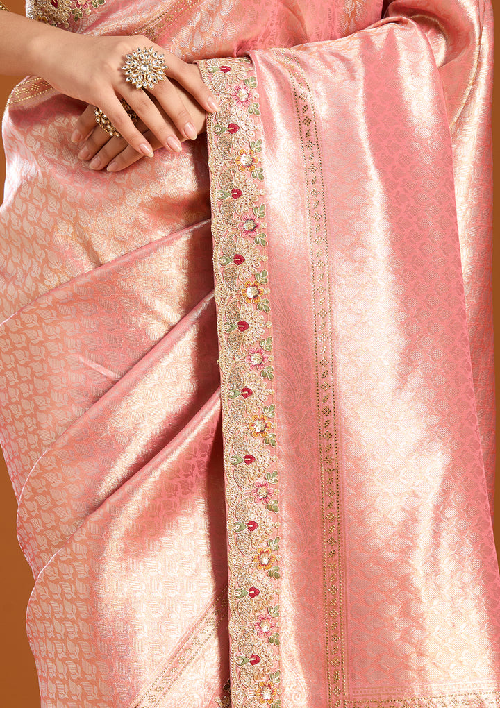 Peach Banarasi Art Silk Saree With Matching Blouse Piece