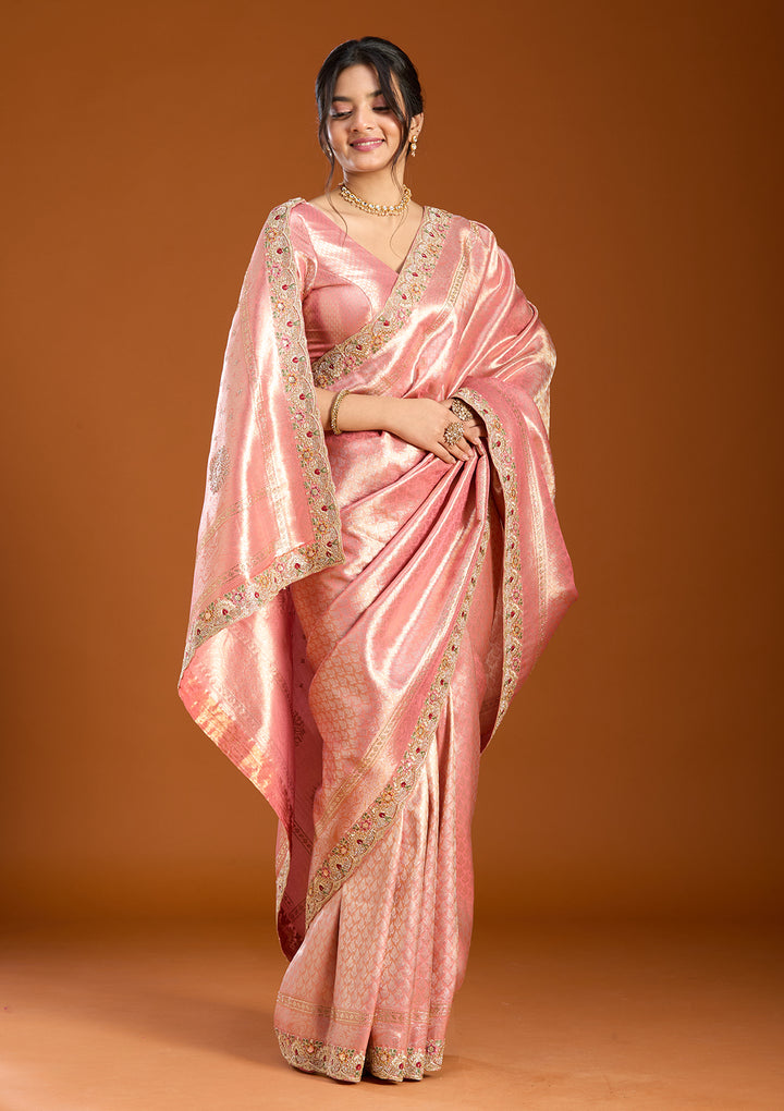 Peach Banarasi Art Silk Saree With Matching Blouse Piece