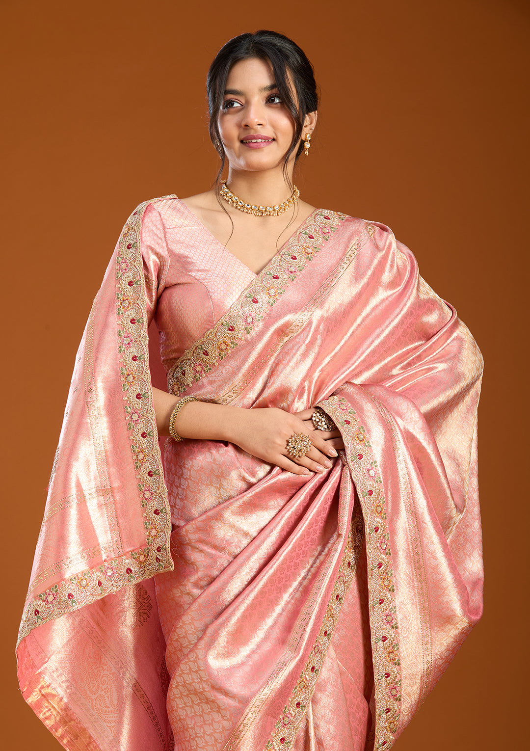 Peach Banarasi Art Silk Saree With Matching Blouse Piece