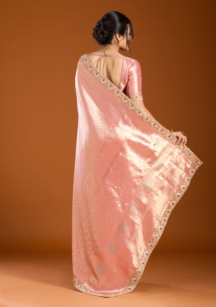 Peach Banarasi Art Silk Saree With Matching Blouse Piece