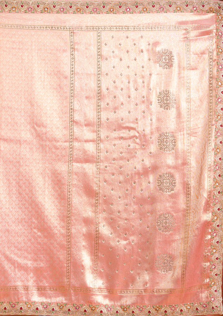 Peach Banarasi Art Silk Saree With Matching Blouse Piece