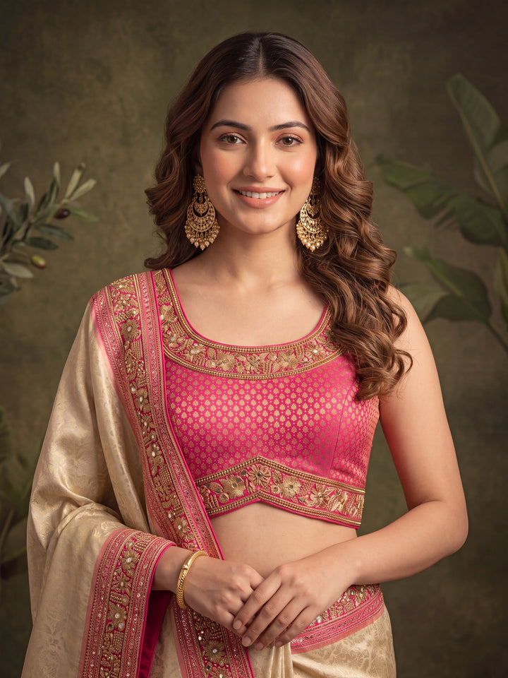 Multi Silk Jaal Threadwork Saree With Matching Blouse Piece