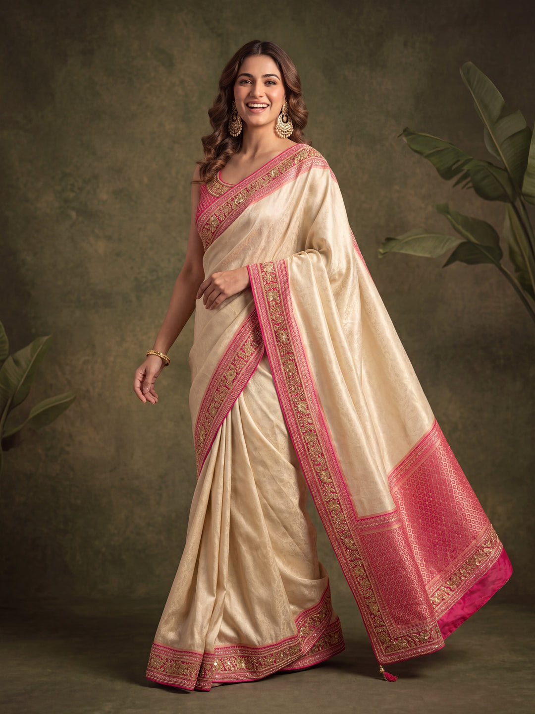 Multi Silk Jaal Threadwork Saree With Matching Blouse Piece