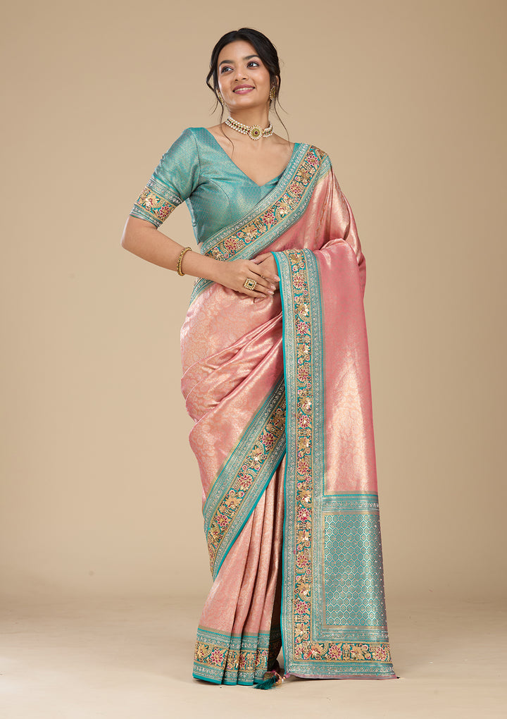Onion Pink Banarasi Art Silk Saree With Matching Blouse Piece