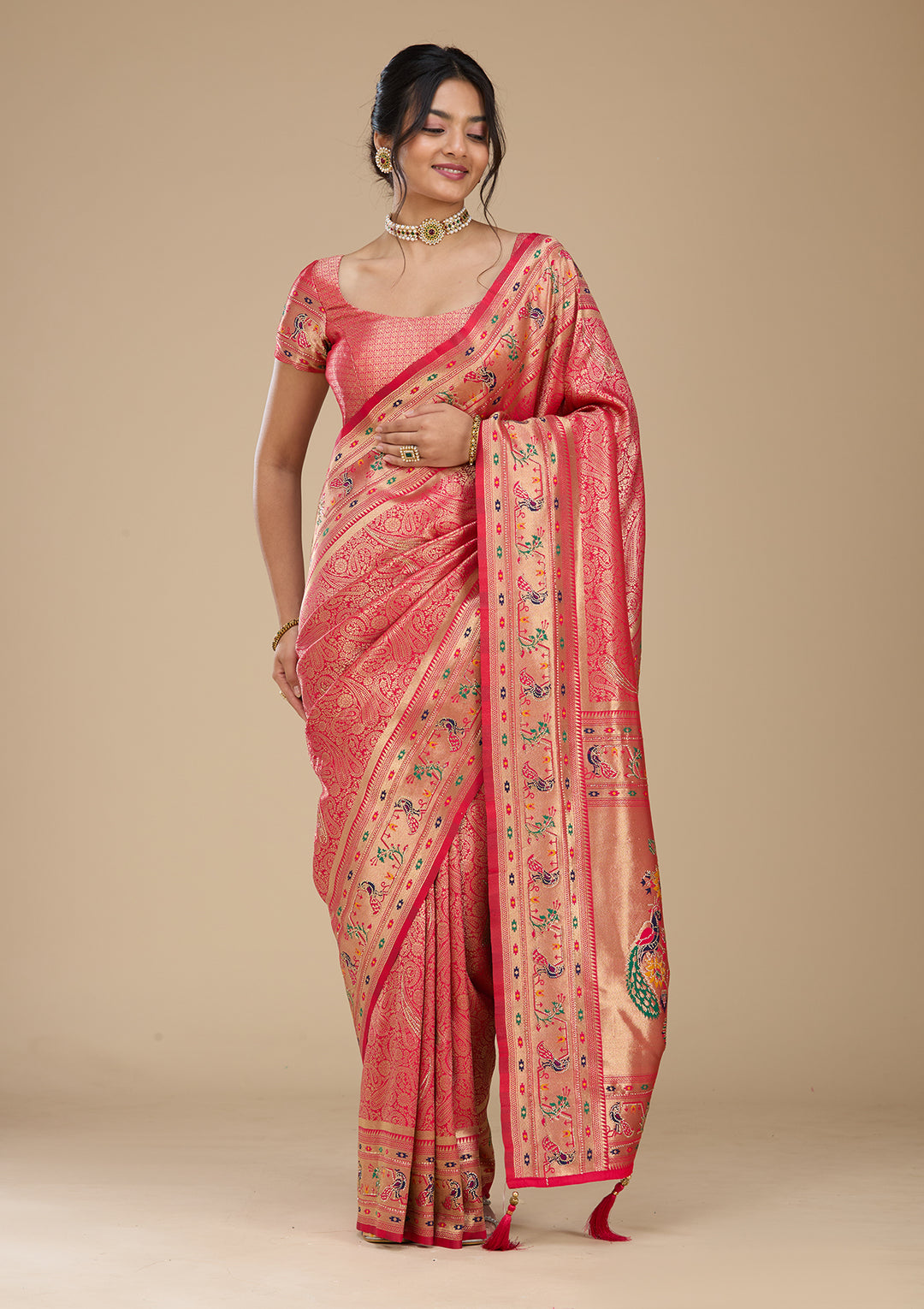 Rani Pink Swarovski Art Silk Saree With Matching Blouse Piece