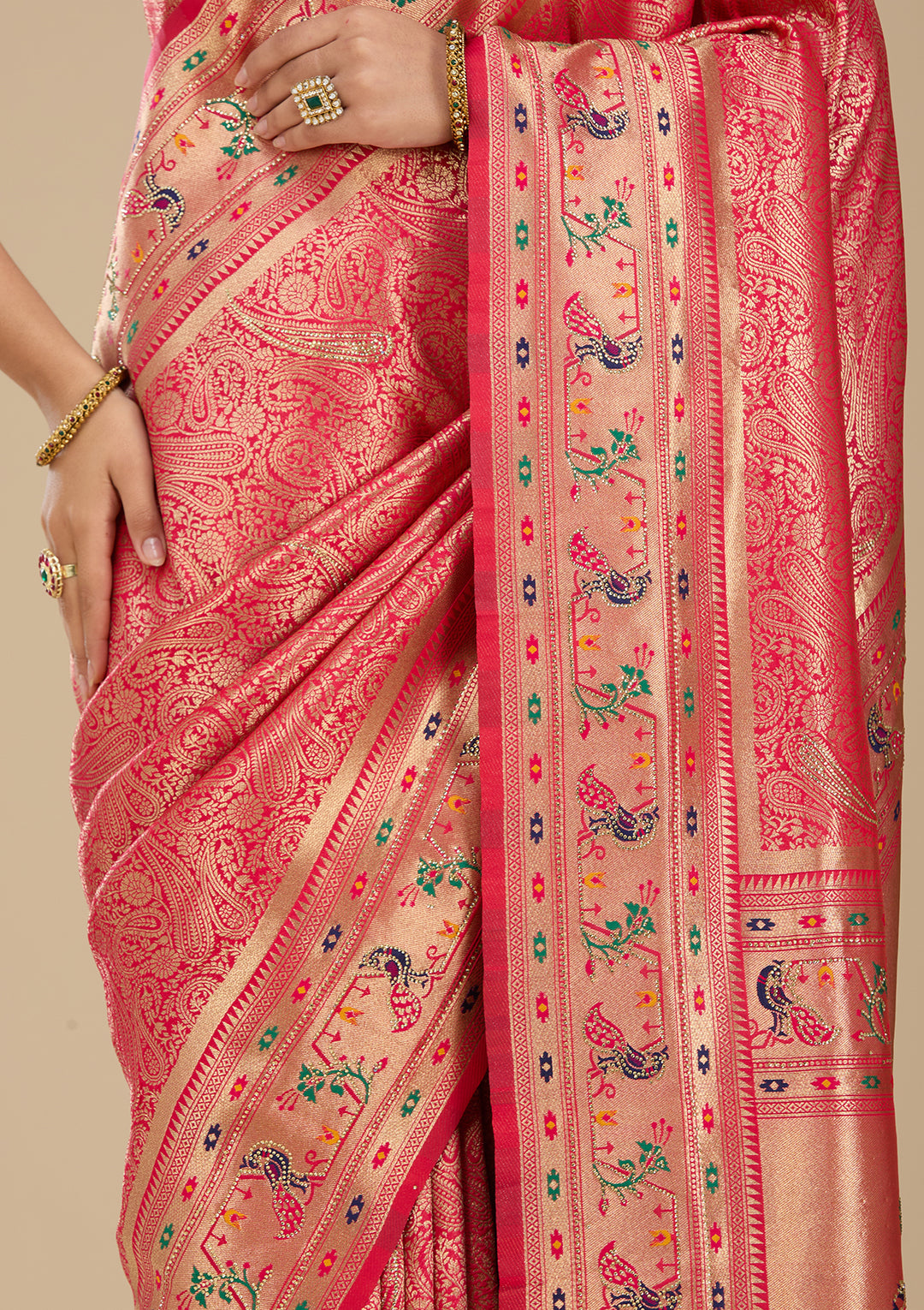 Rani Pink Swarovski Art Silk Saree With Matching Blouse Piece