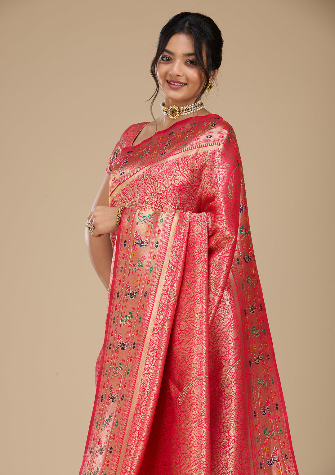 Rani Pink Swarovski Art Silk Saree With Matching Blouse Piece