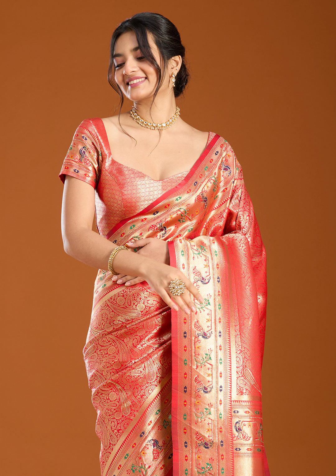 Red Swarovski Art Silk Saree With Matching Blouse Piece