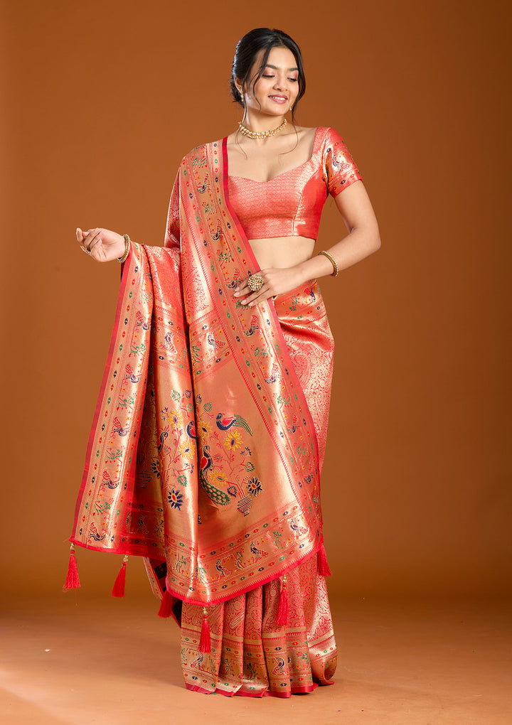Red Swarovski Art Silk Saree With Matching Blouse Piece