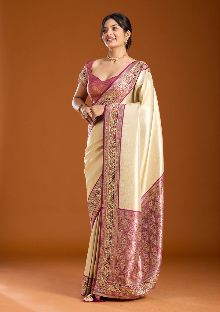 Cream Banarasi Art Silk Saree With Matching Blouse Piece