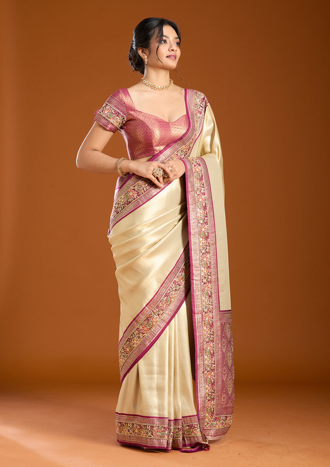 Cream Banarasi Art Silk Saree With Matching Blouse Piece