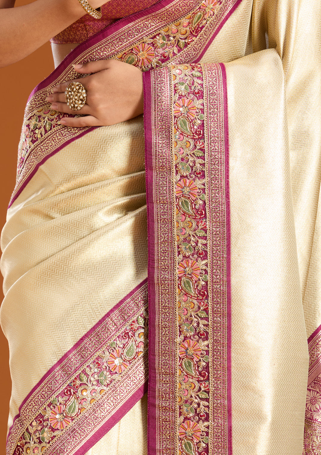 Cream Banarasi Art Silk Saree With Matching Blouse Piece