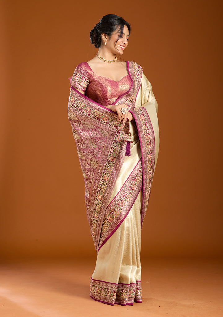 Cream Banarasi Art Silk Saree With Matching Blouse Piece
