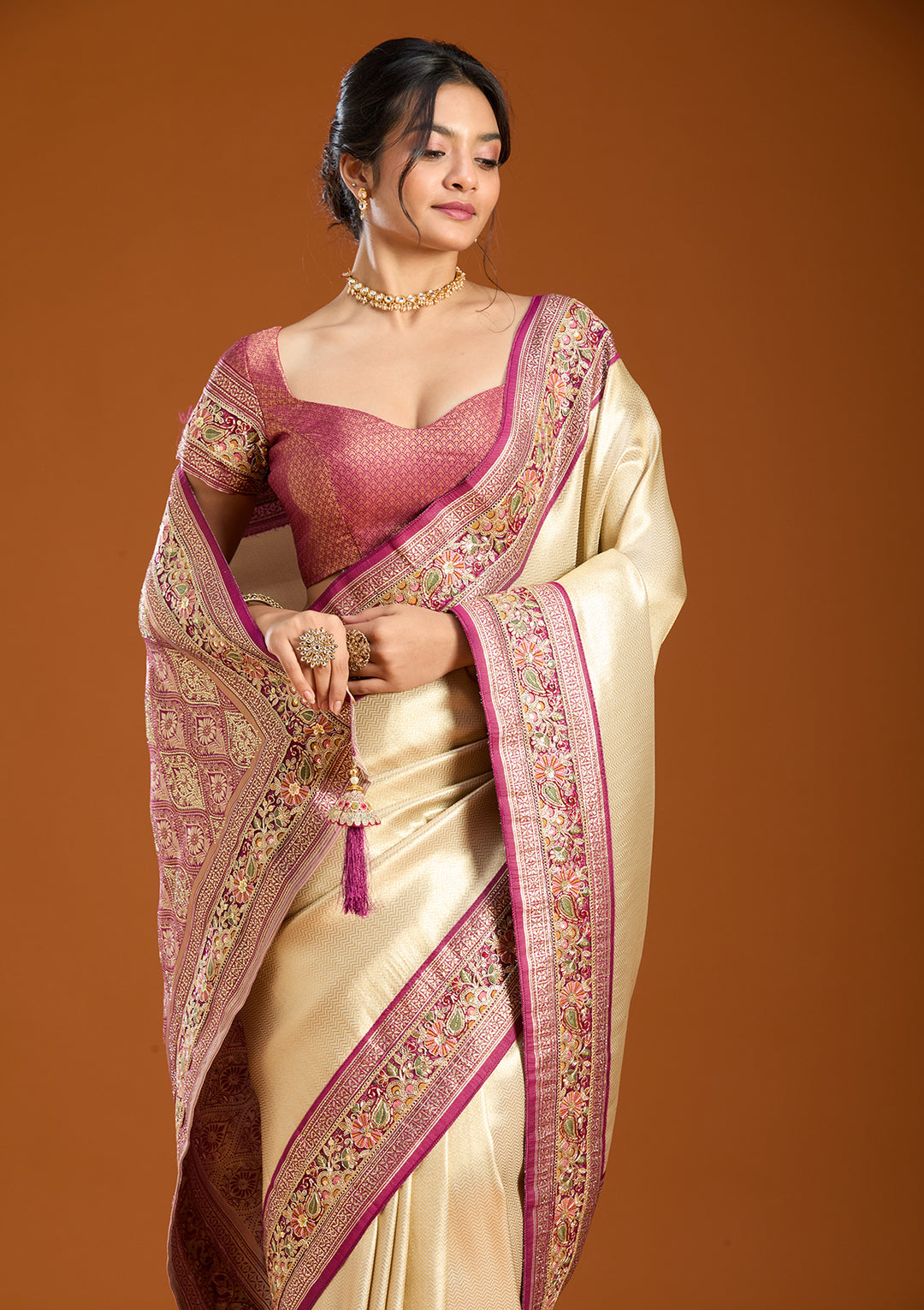 Cream Banarasi Art Silk Saree With Matching Blouse Piece
