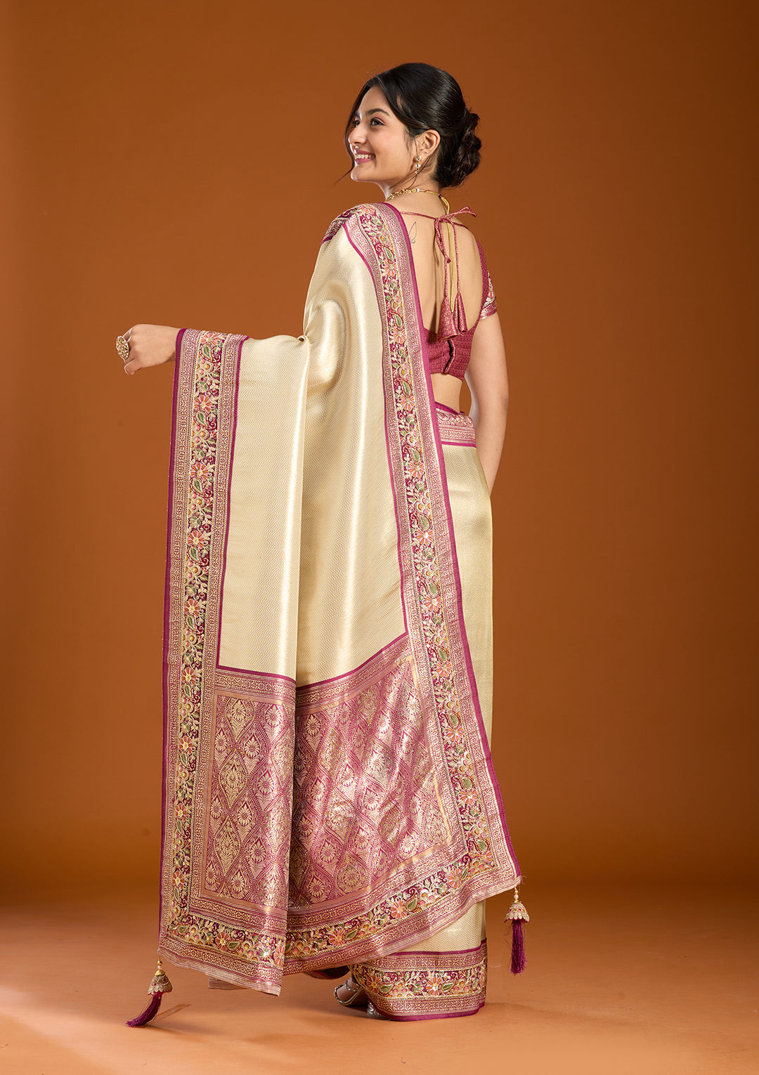 Cream Banarasi Art Silk Saree With Matching Blouse Piece