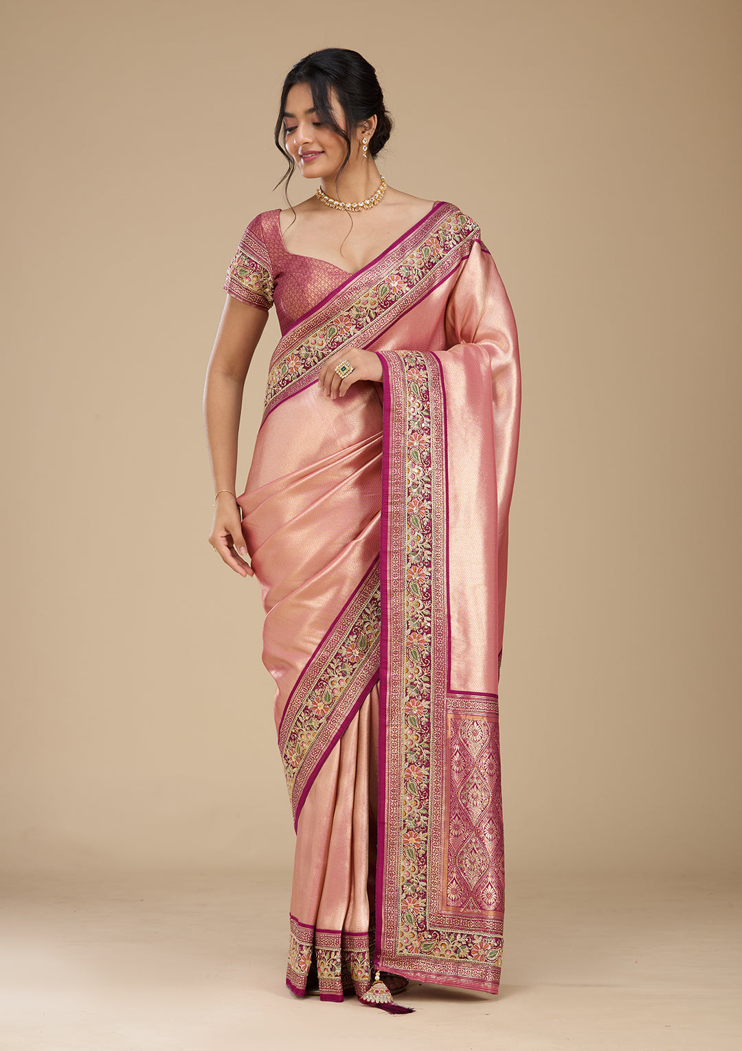 Peach Banarasi Art Silk Saree With Matching Blouse Piece