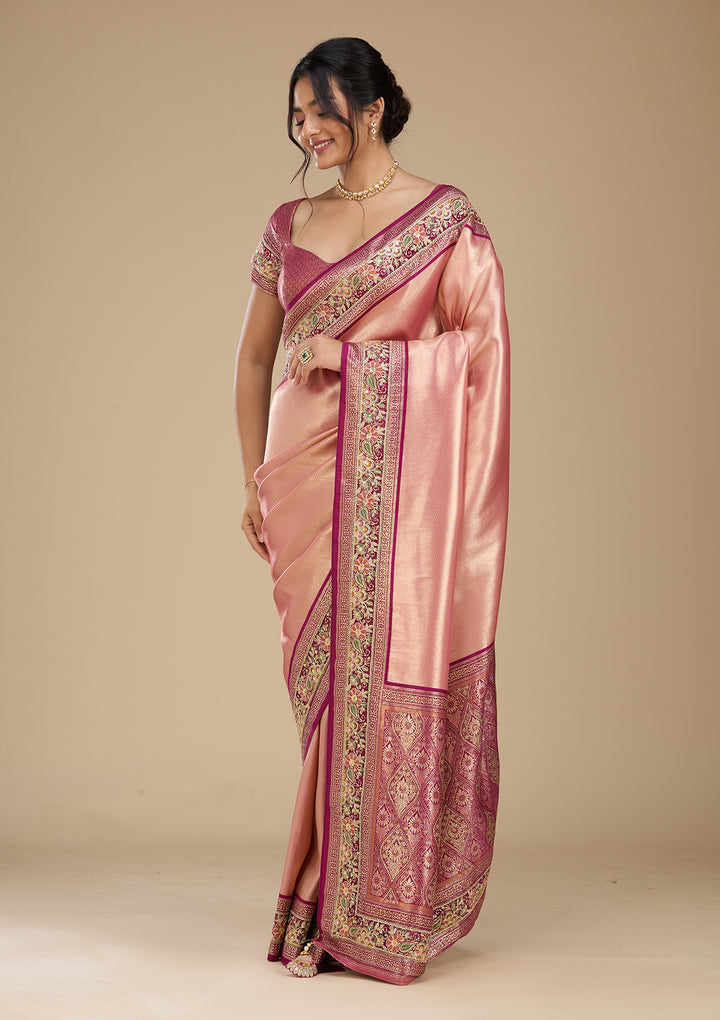 Peach Banarasi Art Silk Saree With Matching Blouse Piece