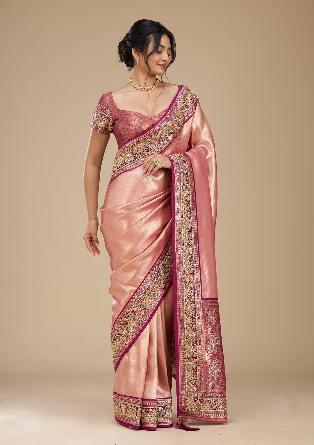 Peach Banarasi Art Silk Saree With Matching Blouse Piece
