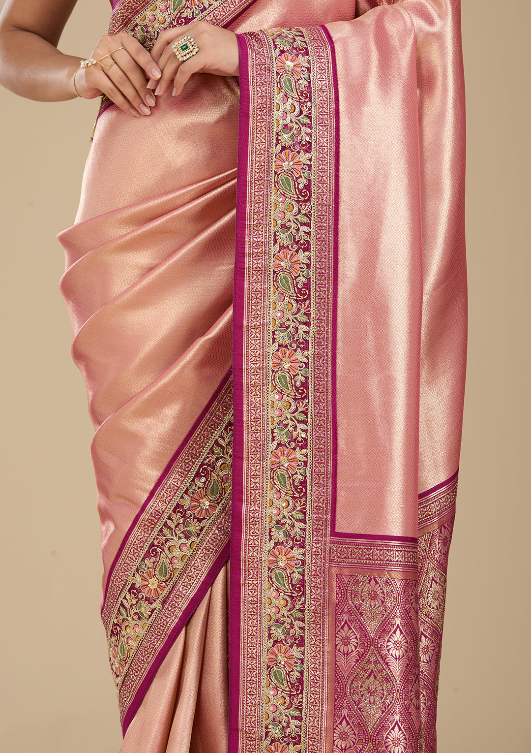 Peach Banarasi Art Silk Saree With Matching Blouse Piece