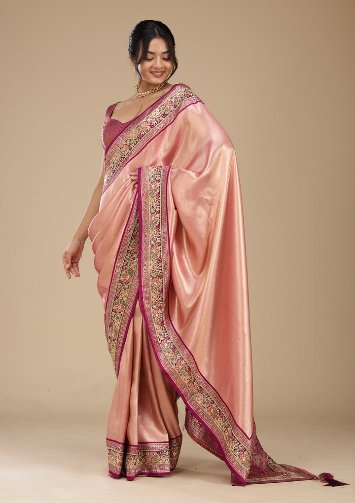 Peach Banarasi Art Silk Saree With Matching Blouse Piece