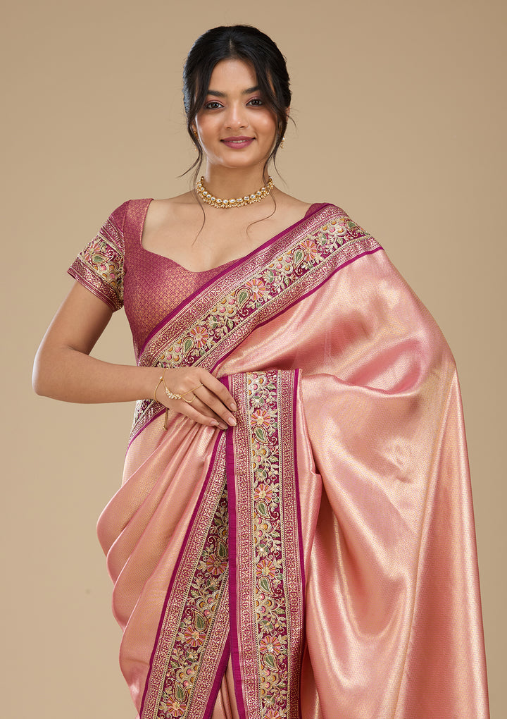 Peach Banarasi Art Silk Saree With Matching Blouse Piece
