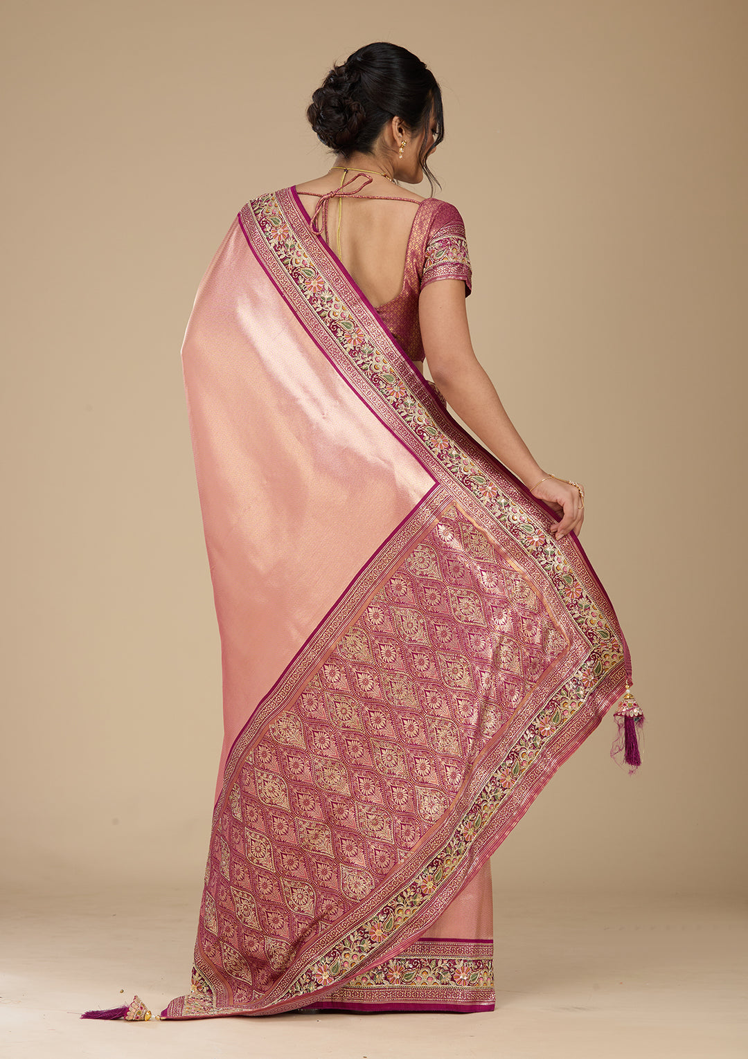 Peach Banarasi Art Silk Saree With Matching Blouse Piece