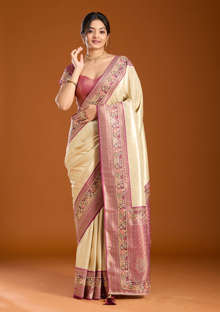 Cream Banarasi Art Silk Saree With Matching Blouse Piece