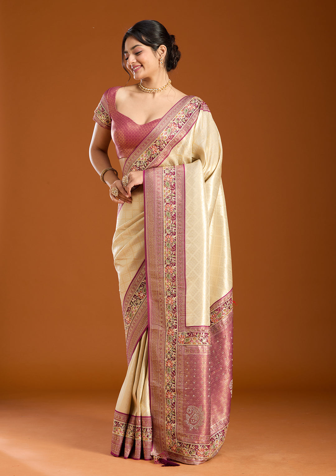 Cream Banarasi Art Silk Saree With Matching Blouse Piece