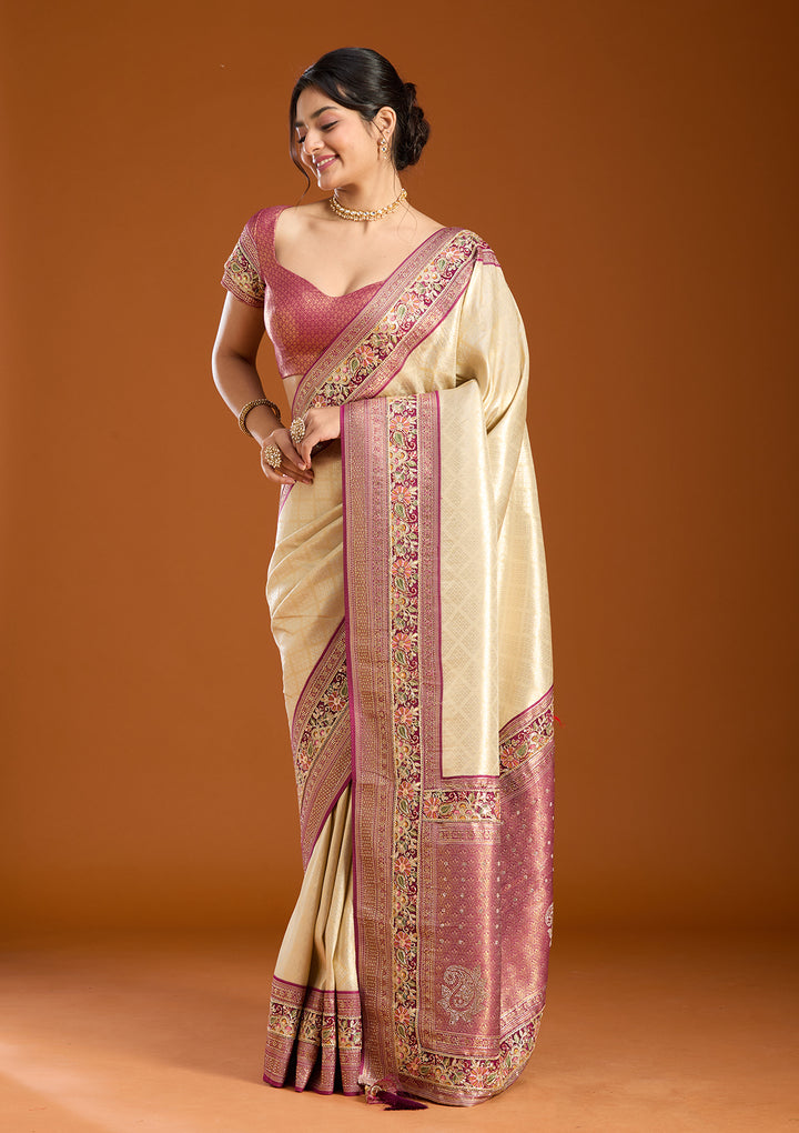 Cream Banarasi Art Silk Saree With Matching Blouse Piece