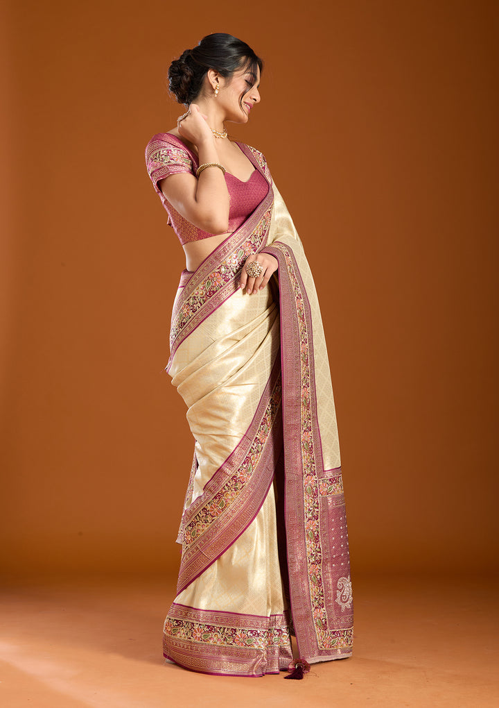 Cream Banarasi Art Silk Saree With Matching Blouse Piece