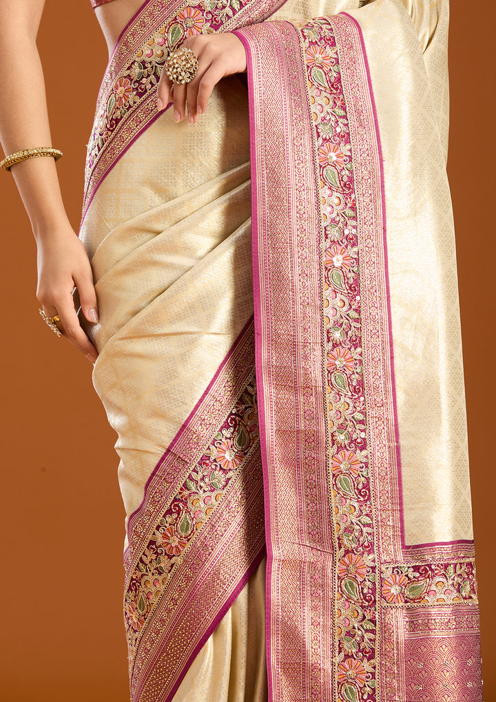 Cream Banarasi Art Silk Saree With Matching Blouse Piece