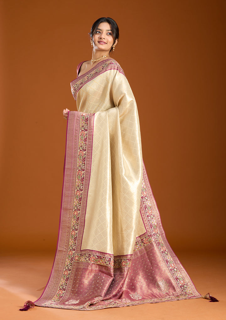 Cream Banarasi Art Silk Saree With Matching Blouse Piece