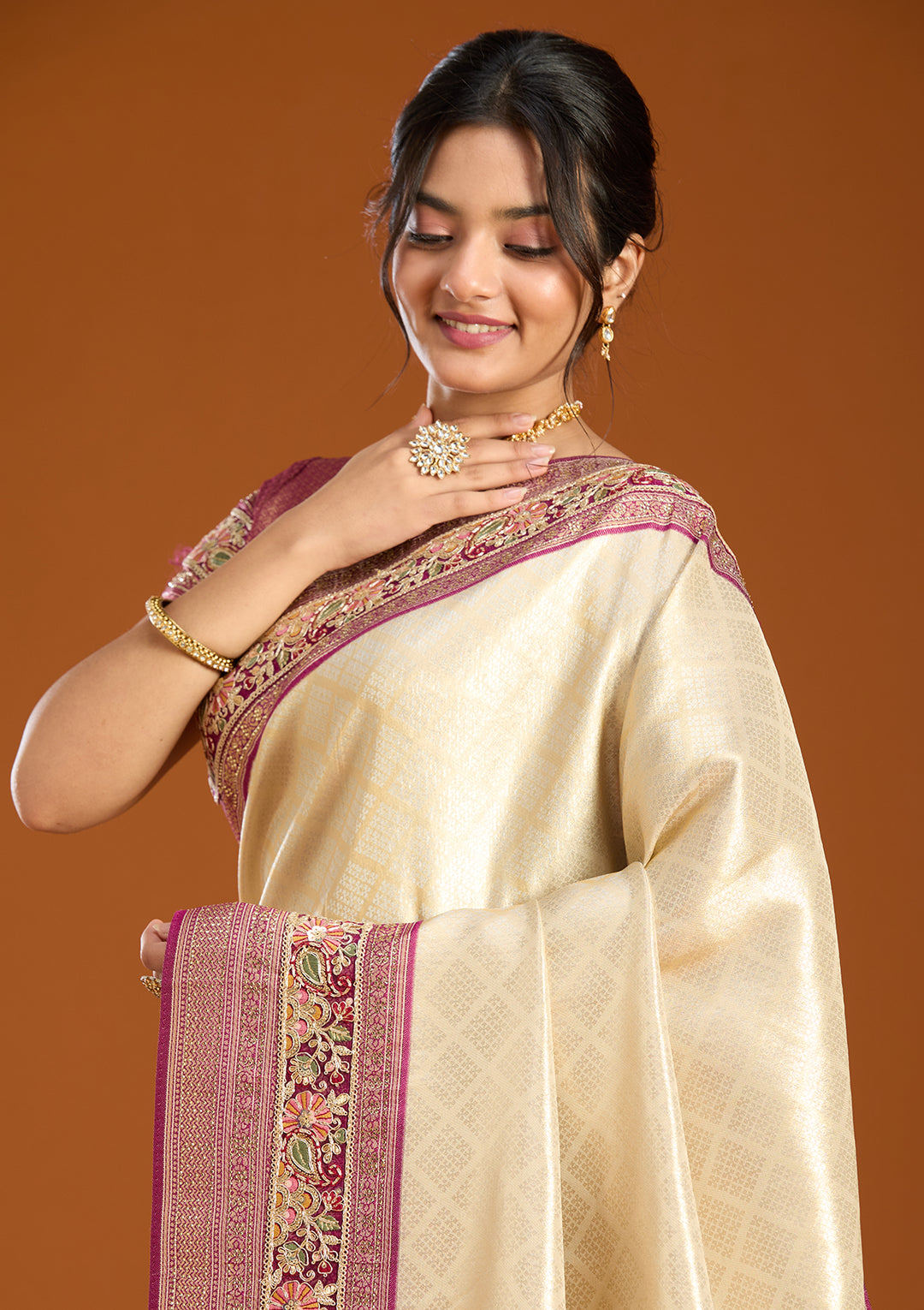 Cream Banarasi Art Silk Saree With Matching Blouse Piece