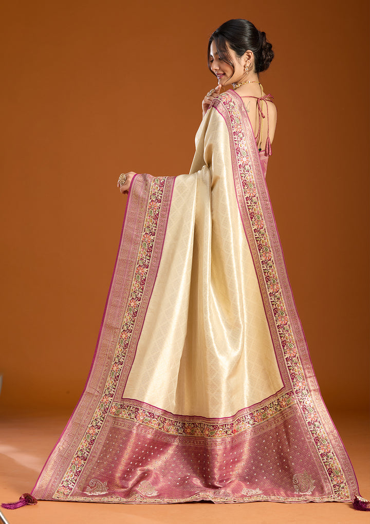 Cream Banarasi Art Silk Saree With Matching Blouse Piece