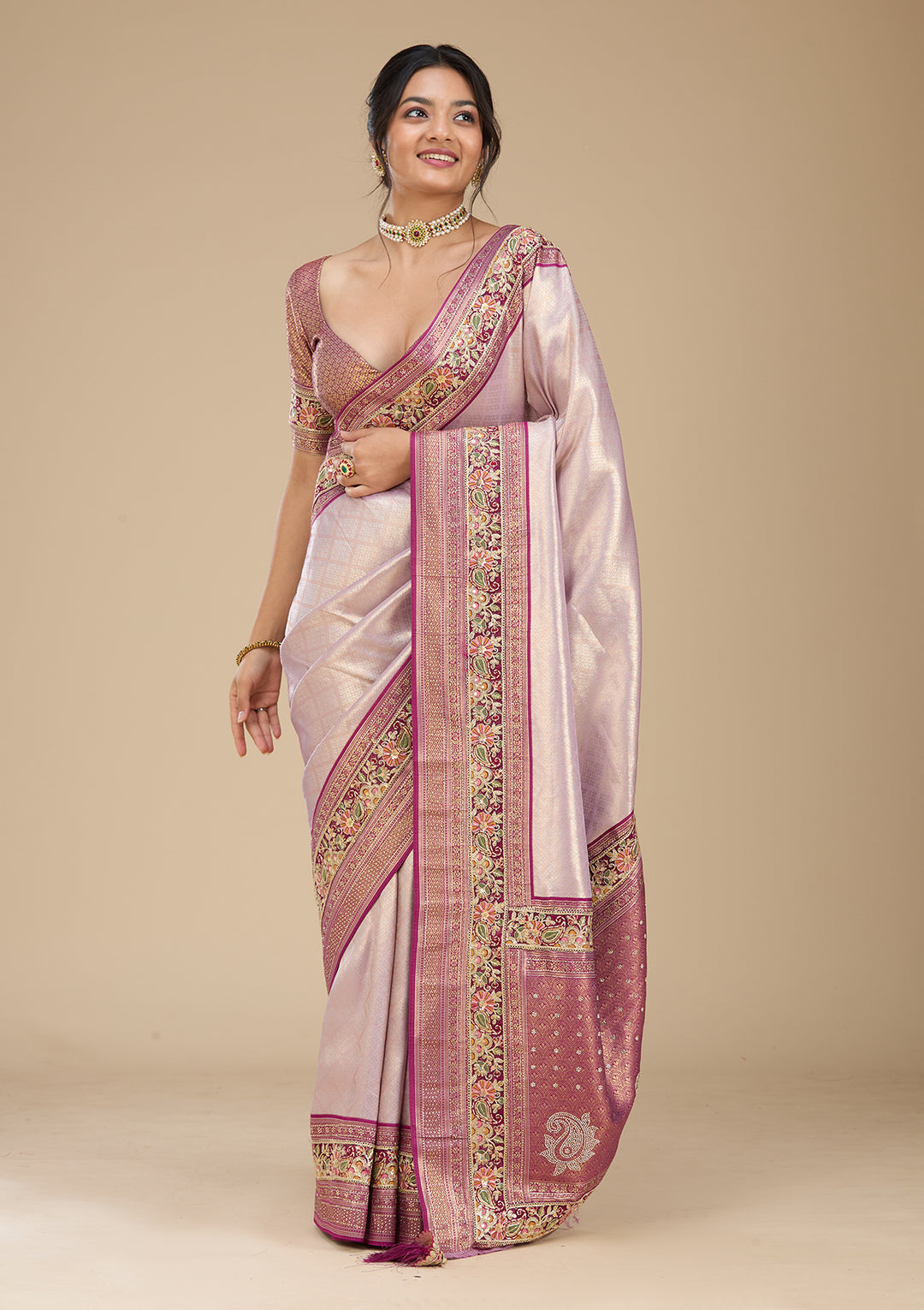 Lavender Banarasi Art Silk Saree With Matching Blouse Piece