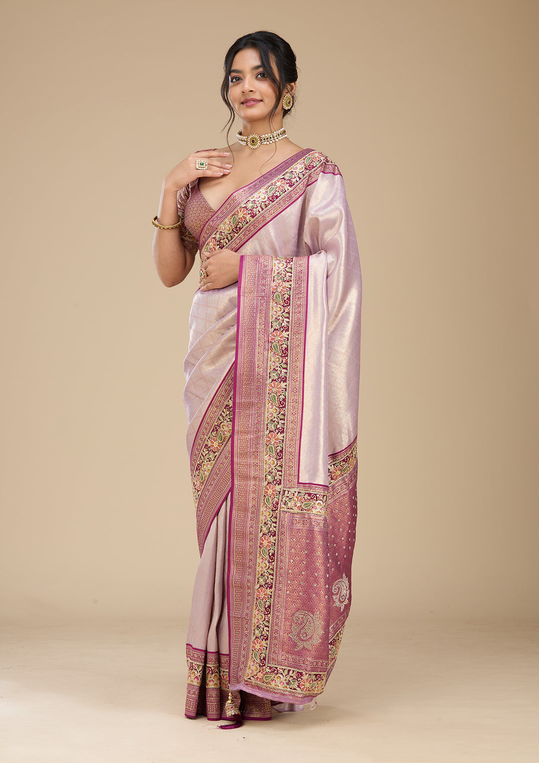 Lavender Banarasi Art Silk Saree With Matching Blouse Piece