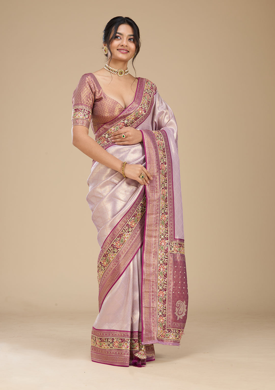 Lavender Banarasi Art Silk Saree With Matching Blouse Piece