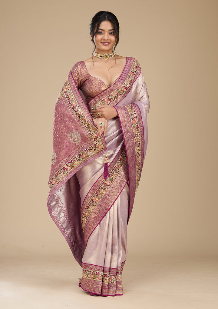 Lavender Banarasi Art Silk Saree With Matching Blouse Piece