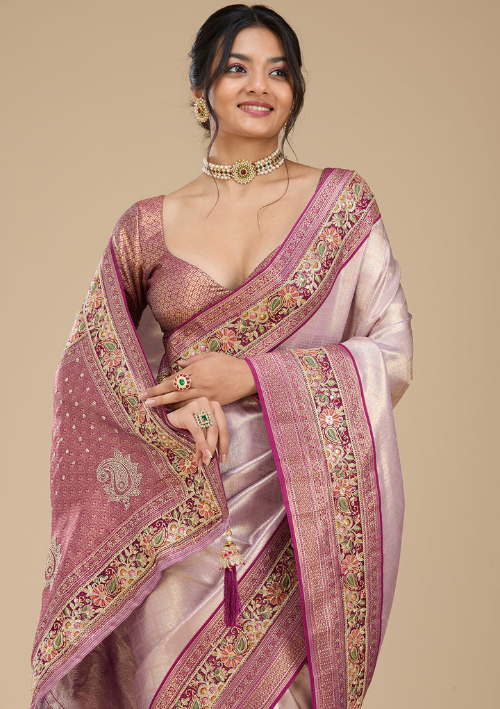 Lavender Banarasi Art Silk Saree With Matching Blouse Piece