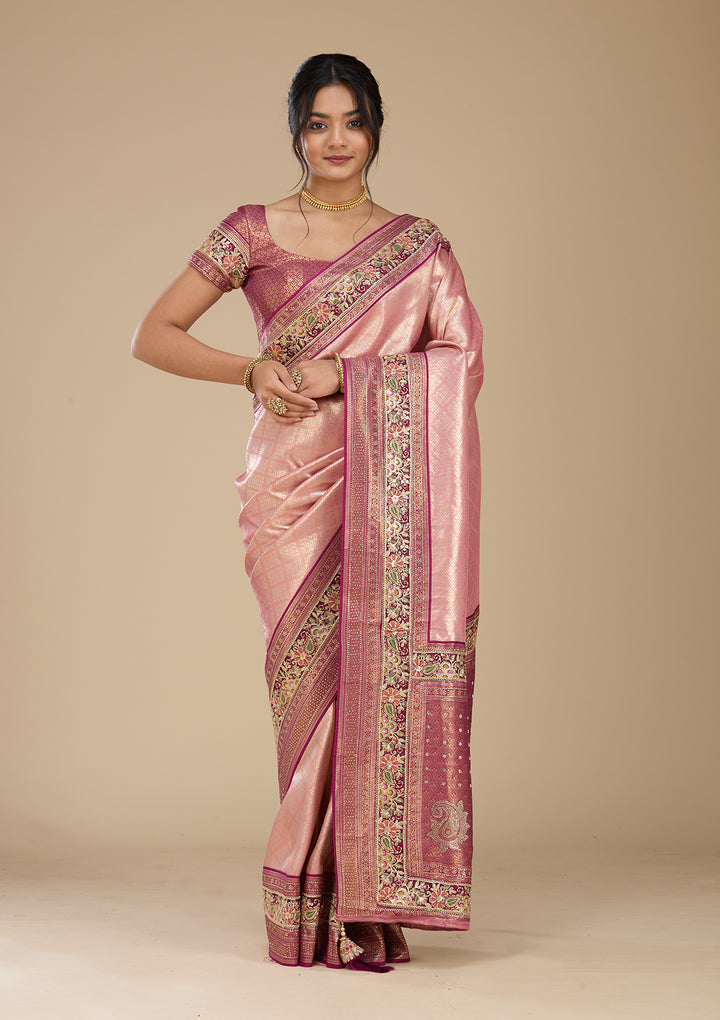 Peach Banarasi Art Silk Saree With Matching Blouse Piece