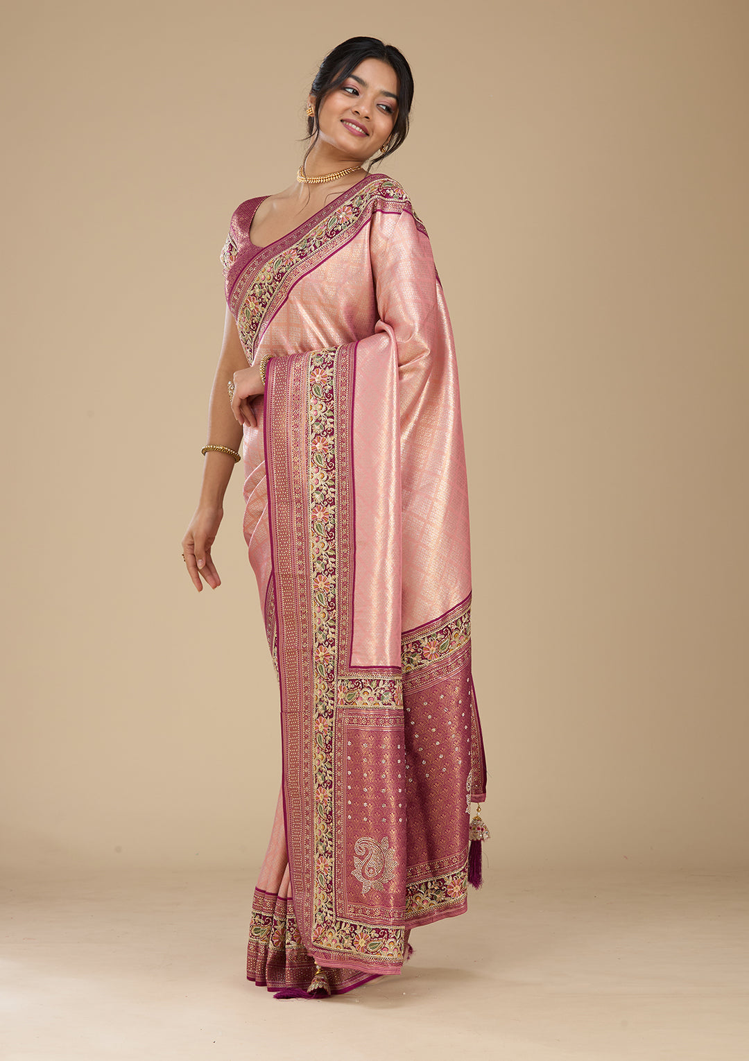 Peach Banarasi Art Silk Saree With Matching Blouse Piece