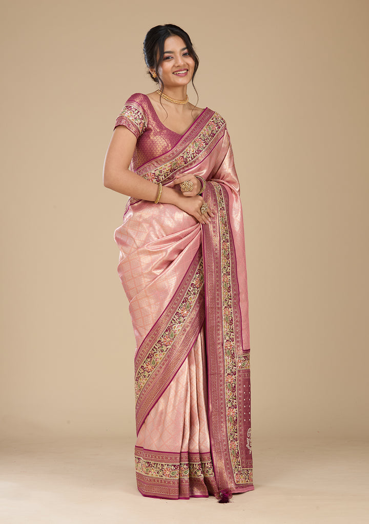 Peach Banarasi Art Silk Saree With Matching Blouse Piece