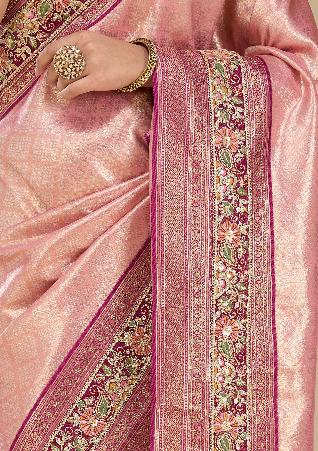 Peach Banarasi Art Silk Saree With Matching Blouse Piece
