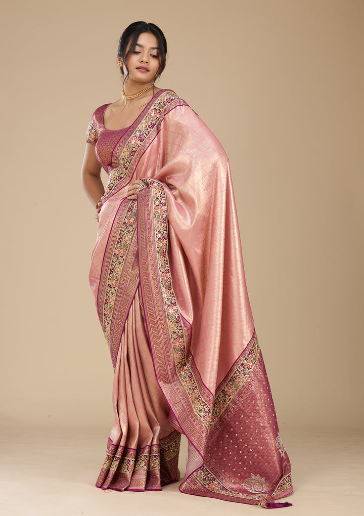 Peach Banarasi Art Silk Saree With Matching Blouse Piece