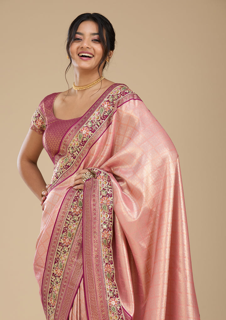 Peach Banarasi Art Silk Saree With Matching Blouse Piece