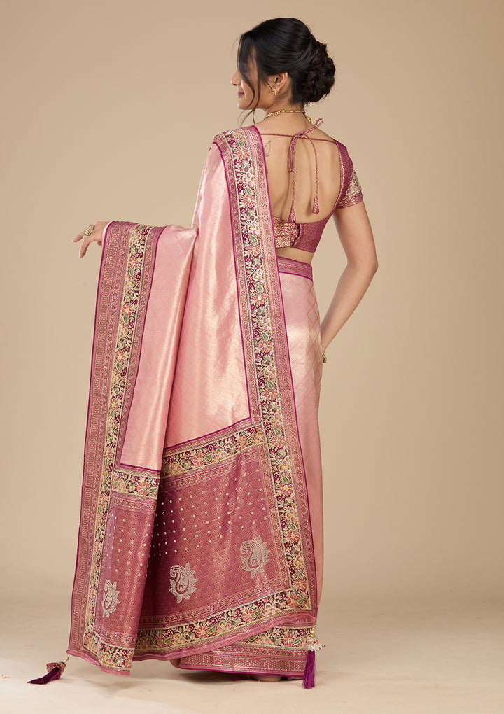 Peach Banarasi Art Silk Saree With Matching Blouse Piece