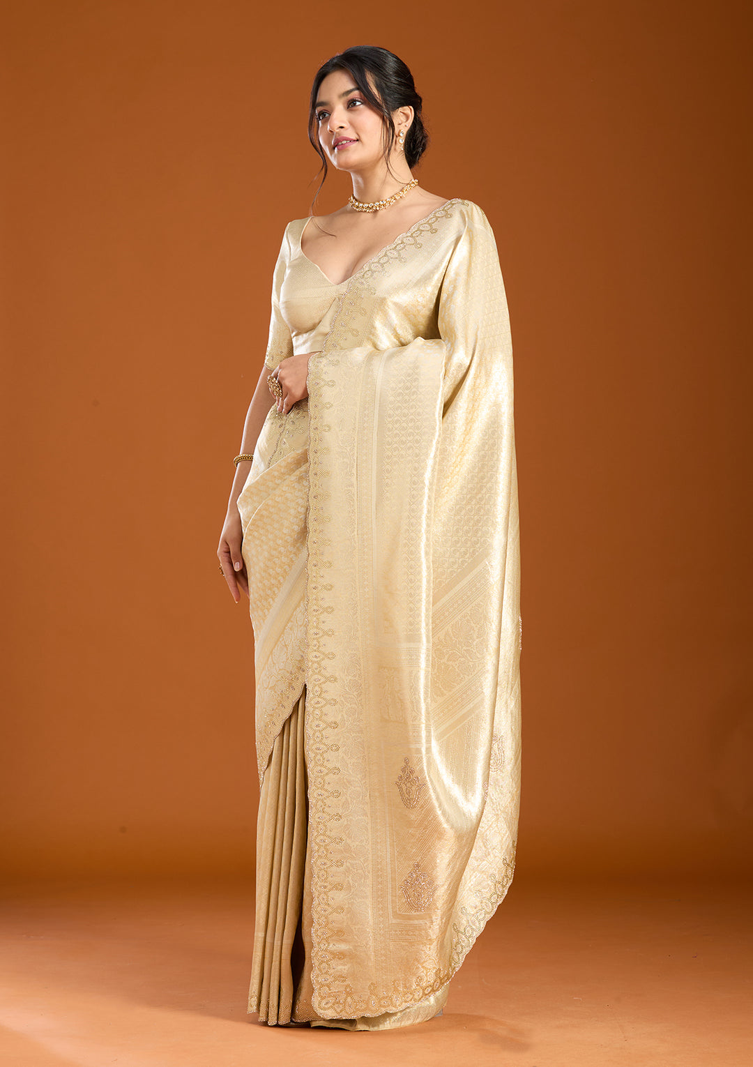 Beige Banarasi Art Silk Saree With Matching Blouse Piece